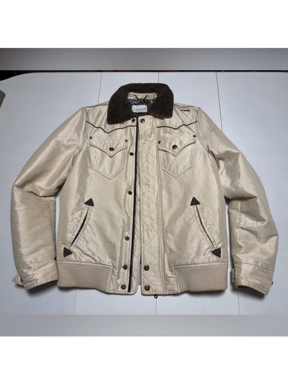 Energie Cream Bomber Jacket with Dark Brown Sherpa Collar